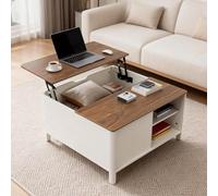 YU YUSING Table Basse Relevable Carrée 80x80 cm, Meuble de Salon avec Rangement Caché, Coffee Table Modulable en Table à Manger pour Bureau/Séjour, Portes Magnétiques, Design Moderne, Blanc et Noyer