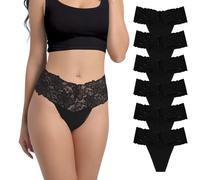 Yuamose Lot de 6 Strings Noirs Taille Haute pour Femme - Culotte de maternité en Dentelle de Coton - Grande Taille, 6 Strings Noirs, Large