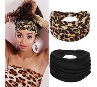 Yuanchu Lot de 2 bandeaux larges pour femme, élastiques et doux, style bohème, imprimé léopard, accessoires de cheveux, antidérapants, bandeau africain, bandeau de yoga, bandeau de sport, bandeau pour