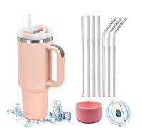YuanDiann 1200 ml Tasse Isotherme Tasse à Café à Acier Inoxydable avec Poignée Tasse de oiture Voyage avec Paille, Couvercle Anti-fuite et Housse en Silicone,Ensemble de 10 Pièces Hellrosa