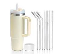 YuanDiann 850 ml/30 oz Tasse Isotherme Acier Inoxydable Double Paroi avec Poignée et Couvercle Tasse à Café Voyage Voiture avec Paille en Acier Inoxydable et Couvercle en Silicone Beige