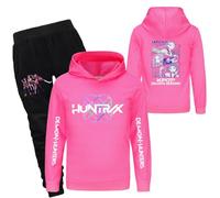 YuanDiann Huntrix Survêtement pour enfant - Sweat à capuche + pantalon de jogging 2 pièces - Impression de dessin animé - Survêtement de sport et de loisirs - Cadeau pour fille, Ensemble rose, 140