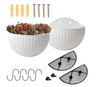 YuanDiann Lot de 2 pots de fleurs à suspendre au mur, semi-circulaires, imitation rotin, pour balcon, intérieur et extérieur, décoration de jardin, auto-arrosage, avec réservoir d'eau, blanc - L