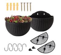 YuanDiann Lot de 2 pots de fleurs à suspendre au mur, semi-circulaires, imitation rotin, pour balcon, intérieur et extérieur, décoration de jardin, auto-arrosage, avec réservoir d'eau, noir
