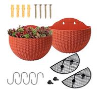 YuanDiann Lot de 2 pots de fleurs à suspendre au mur, semi-circulaires, imitation rotin, pour balcon, intérieur et extérieur, décoration de jardin, auto-arrosage, avec réservoir d'eau, rouge brique