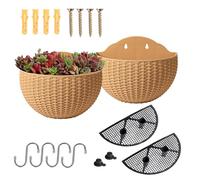 YuanDiann Lot de 2 pots de fleurs à suspendre au mur, semi-circulaires, imitation rotin, pour balcon, intérieur et extérieur, décoration de jardin, auto-arrosage, avec réservoir d'eau, kaki