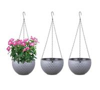 YuanDiann Lot de 3 pots de fleurs suspendus, auto-arrosage, pots de fleurs suspendus avec réservoir d'eau et trou de drainage, nid d'abeille chaînes en acier inoxydable intérieur et extérieur