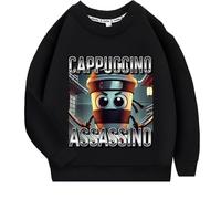 YuanDiann Pull Sweatshirt Cappuccino Assassino pour enfants garçons et filles Italian Brainrot Imprimé 100% coton Col rond Sport Casual Pull Top, Noir , 150