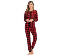 YuanDiann Pyjama de Noël pour Femme Imprimé écossais Doux Confortable Combinaison Une Pièce Vêtements de Nuit sans Capuche Onesie en Flanelle Rouge M
