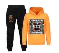 YuanDiann Sweat à capuche pour enfant Cappuccino Assassino Impression de dessin animé Sweat à capuche Sport & Loisirs Fille & Garçon Pull italien marron avec capuche Cadeau, Orange + pantalon, 160