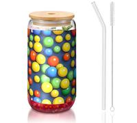 yuangjhop Boules colorées 473,6 g avec couvercle en bambou et paille sans BPA. Gobelet réutilisable avec couvercle en bambou et paille en verre pour boissons chaudes ou froides.