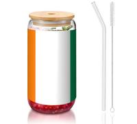 yuangjhop Drapeau de la Côte d'Ivoire 473,6 g Couvercle en bambou et paille Gobelet sans BPA Gobelet réutilisable avec couvercle en bambou et paille en verre pour boissons chaudes ou froides