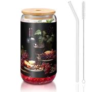 yuangjhop Fruits and Wines 473,6 g Couvercle et paille en bambou Sans BPA Gobelet réutilisable avec couvercle en bambou et paille en verre pour boissons chaudes ou froides