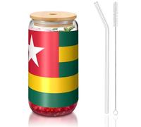 yuangjhop Gobelet en bambou avec couvercle et paille - Sans BPA - Réutilisable - Avec couvercle en bambou et paille en verre - Pour boissons chaudes ou froides - Motif drapeau du Togo - 473 ml