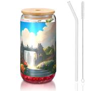 yuangjhop Outside the Castle Gate 16 oz Bamboo Couvercle et paille Gobelet sans BPA Gobelet réutilisable avec couvercle en bambou et paille en verre pour boissons chaudes ou froides
