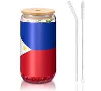 yuangjhop Tasse en bambou avec couvercle et paille - Sans BPA - Réutilisable - Avec couvercle en bambou et paille en verre - Pour boissons chaudes ou froides - Motif drapeau des Philippines - 473 ml