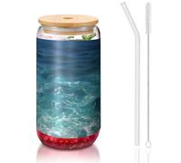 yuangjhop The Deep Ocean 473,6 g Couvercle en bambou et paille sans BPA Gobelet réutilisable avec couvercle en bambou et paille en verre pour boissons chaudes ou froides.