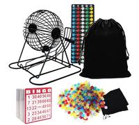 Yuanhe Ensemble complet de jeu de bingo - Comprend une cage ronde en métal de 20,3 cm avec grand sac de rangement, 100 cartes de bingo, 1 000 jetons colorés, 75 balles colorées et une carte maître