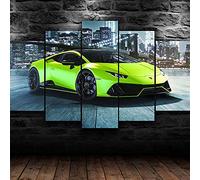 YUANJUN 5 Panneau Mural Impression sur Toile Intissée Décoration Murale Tableau Giclée Tendue Encadrée Illustrations Prete Suspendre Encadrée Salon Décor Super Voiture Verte Huracan