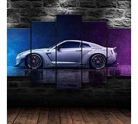 YUANJUN 5 Pieces Toile Tableau Tableaux Deco Murale Salon Moderne Imprimé Toile Intissee Decoration Photo Image Artistique Photographie Voiture De Sport De Guerre GTR Blanche