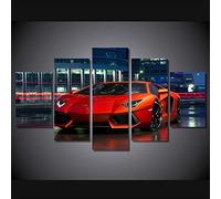 YUANJUN 5 Pieces Toile Tableau Tableaux Deco Murale Salon Moderne Imprimé Toile Intissee Decoration Photo Image Artistique Photographie Voiture De Lamborghini Rouge