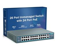 YuanLey 26 Port PoE Switch, 24 PoE+ Port 100Mbps, 2 Uplink Gigabit, 802.3af/at Haute Puissance 400W, Plug and Play Non Géré en Rack