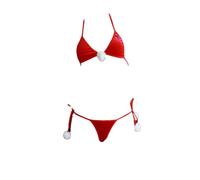 YUANMO Mini Bikini à Bretelles de Noël pour Femme avec Pompons ludiques et nœuds - sous-vêtement et Maillot de Bain pour l'automne et l'hiver, Rouge, Taille Unique
