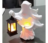 Yuanpgky Statue en résine blanche et noire avec lanterne pour décoration d'Halloween, décorations de jardin, utilisation en extérieur et en intérieur avec lumière solaire (LED blanche)