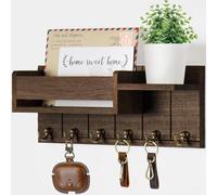 YUANYINSM Support mural pour clés avec panier à courrier et 6 crochets métalliques - Porte-clés en bois rustique avec étagère pour entrée, salon et cuisine - Pas de montage, organiseur mural robuste