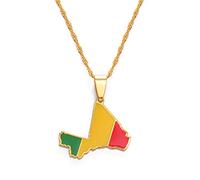 YUANYIRAN Carte du Mali Pendentif Colliers - Charme Cartes Ethniques Africaines Drapeau Colliers À Chaîne Mince, Patriotic Or Couleur Carte Bijoux Hip Hop pour Femmes Hommes Fête Cadeau,45Cm