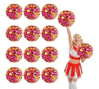 YUANYUYING 12 Pcs Cheerleading Pom Poms,13.7inch Cheerleader Pompoms with Four Finger Payment,Fit for Team Spirit Sports Dance Cheering (Rose Red+Gold)