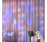 YUANYUYING Guirlande lumineuse solaire rideau, 3 m x 1 m, 100 LED, effet cascade, avec télécommande et minuterie, 8 modes d'éclairage, sécurisante et découpable (coloré)