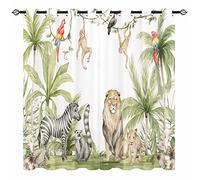 YUANZU Lot de 2 rideaux occultants à œillets avec motif d'animaux africains safari, jungle, lion, zèbre, singes, perroquets, palmiers, fleurs pour chambre d'enfant, 117 x 137 cm (l x L)