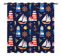 YUANZU Rideaux Ancre - Imprimé Occultants Thermiques (Décor Marin Enfant, Étoiles de Mer,Phare) pour Salon/Chambre avec Œillets - 2 Panneaux L75 x H166cm