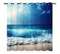 YUANZU Rideaux de Plage - Impression 3D Vagues Océan Bleu Hawaii, Design Tropical pour Été, Isolant Thermique & Occultant pour Chambre et Salon - 2 Panneaux L132 x H215cm