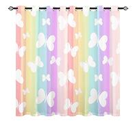 YUANZU Rideaux Papillons Blancs - Motif Rayures Colorées Occultant & Isolant Thermique avec Œillets pour Décoration Chambre Fille - 2 Panneaux L117 x H183cm