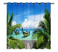 YUANZU Rideaux Tropical - Imprimé Occultants Thermiques (Océan Petit Bateau Île Exotique, Palmiers & Océan) pour Salon/Chambre avec Œillets - 2 Panneaux L132 x H160cm