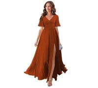 YUAOHUANG Robe de demoiselle d'honneur à col en V et manches flottantes pour femme en mousseline de soie longue fente formelle robes de soirée, rouille, 42