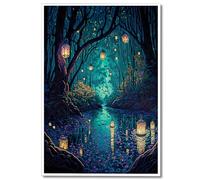 Yuaruo Toile murale fantaisie avec motif de forêt spirituelle - Lanternes magiques sur arbres - Bleu - Pour chambre - Esthétique - Pays-merveilles - Nuit sombre - Lucioles - 30,5 x 40,6 cm - Sans