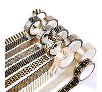 YUBBAEX 10 Rouleaux Washi Tape, Or noir Masking Tape Ruban Adhésif Papier Décoratif pour Scrapbooking Artisanat de Bricolage (Feuille d'or Lot de 10)