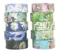 YUBBAEX Fleur Washi Tape, 10 Rouleaux Masking Tape Ruban adhesif decoratif pour Scrapbooking Artisanat de Bricolage (Ton froid)