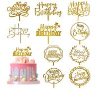 YUBBYSTU 10 Pièces Topper Happy Birthday, Acrylique Cupcake Topper Joyeux Anniversaire, différentes formes pour faire briller les gâteaux d'anniversaire (Or）