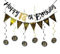 YUBBYSTU bannière Happy 18th Birthday - Banderole triangulaire pour décorations de fête d'anniversaire ＋18 ans anniversaire set de décoration à suspendre spirales