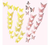 YUBBYSTU Stickers Muraux Papillons 3D 72pcs 3 styles 3 tailles, décoration d'anniversaire papillon décoration de fête papillon décoration de gâteau, autocollant amovible (or et or rose)