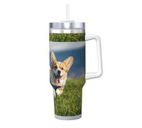 YUBVCF Cute Corgi Printing Gobelet isotherme à double paroi en acier inoxydable avec poignée et couvercle à paille 2 en 1
