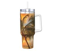YUBVCF Gobelet isotherme à double paroi en acier inoxydable avec poignée et couvercle à paille 2 en 1 - Motif plage tropicale, palmier, coucher de soleil