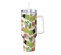 YUBVCF Gobelet isotherme à double paroi en acier inoxydable avec poignée et couvercle à paille 2 en 1 - Motif fleurs tropicales et corgi