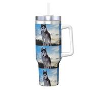 YUBVCF Husky Dogs Printing Gobelet isotherme à double paroi en acier inoxydable avec poignée et couvercle à paille 2 en 1