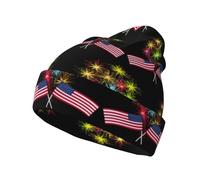 YUBVCF Independence Day Bonnet tricoté unisexe avec drapeau américain et feux d'artifice pour homme et femme Noir