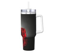 YUBVCF Red Rose and Wine Romantic Lovers Printing Gobelet isotherme à double paroi en acier inoxydable avec poignée et couvercle à paille 2 en 1 - 1200 ml
